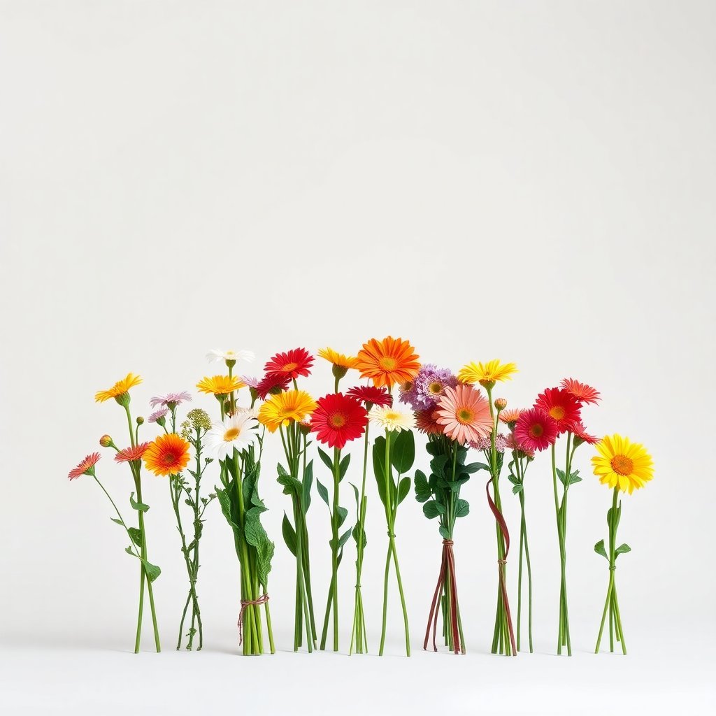 Various colorful flower bouquets standing in a row against a neutral background, professional studio lighting