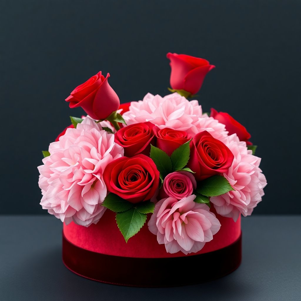 Luxury round flower boxes with velvet finish, filled with red roses and pink hydrangeas