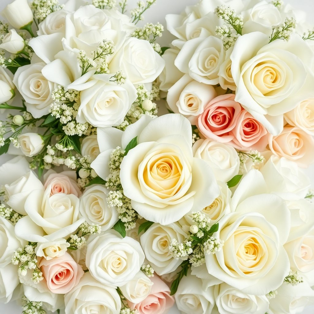 Collage of wedding flower arrangements, white and pastel colors, elegant bridal bouquet, close-up details