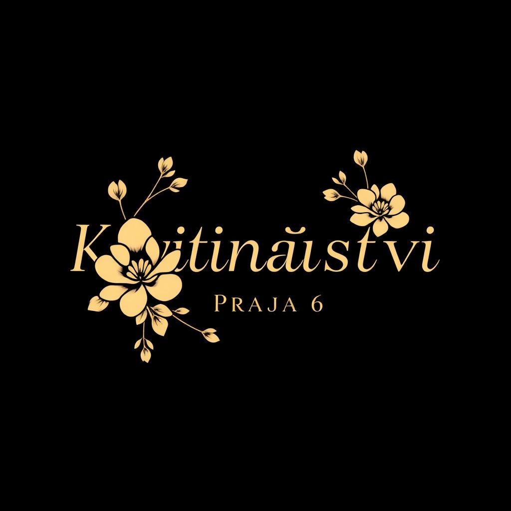 Elegant minimalist floral logo for a florist named Květinářství Praha 6, gold and cream colors, dark background, professional, vector style