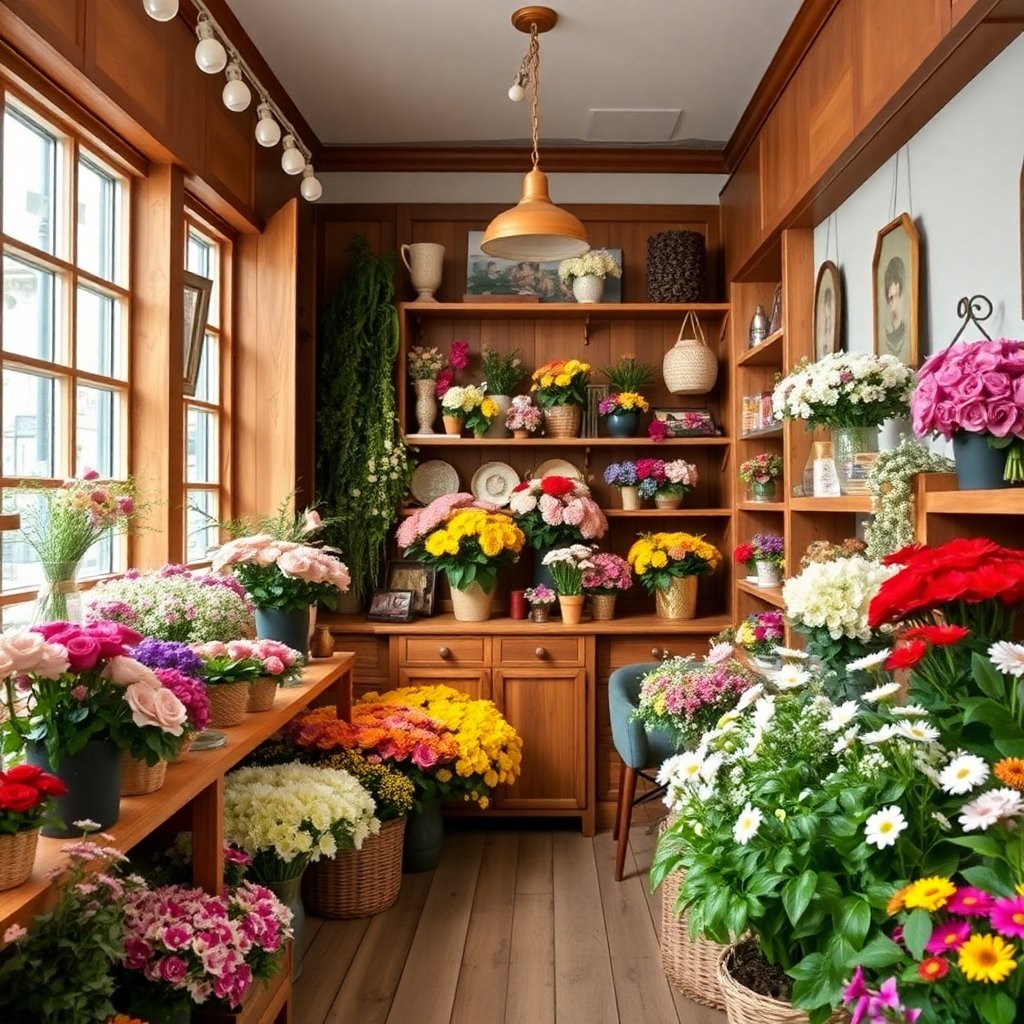Charming boutique flower shop interior in Prague 6, wooden shelves, vintage decor, many colorful flowers, warm welcoming atmosphere, professional photography, high resolution