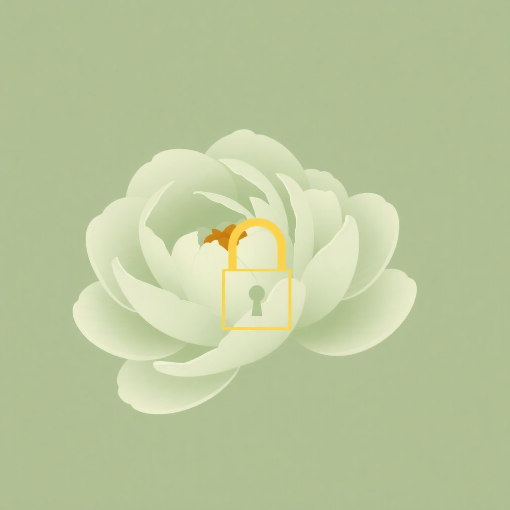 An elegant, minimalist illustration of a delicate peony flower combined with a subtle golden line-art padlock icon, sage green and gold color palette, soft artistic style, high quality, vector-like but organic